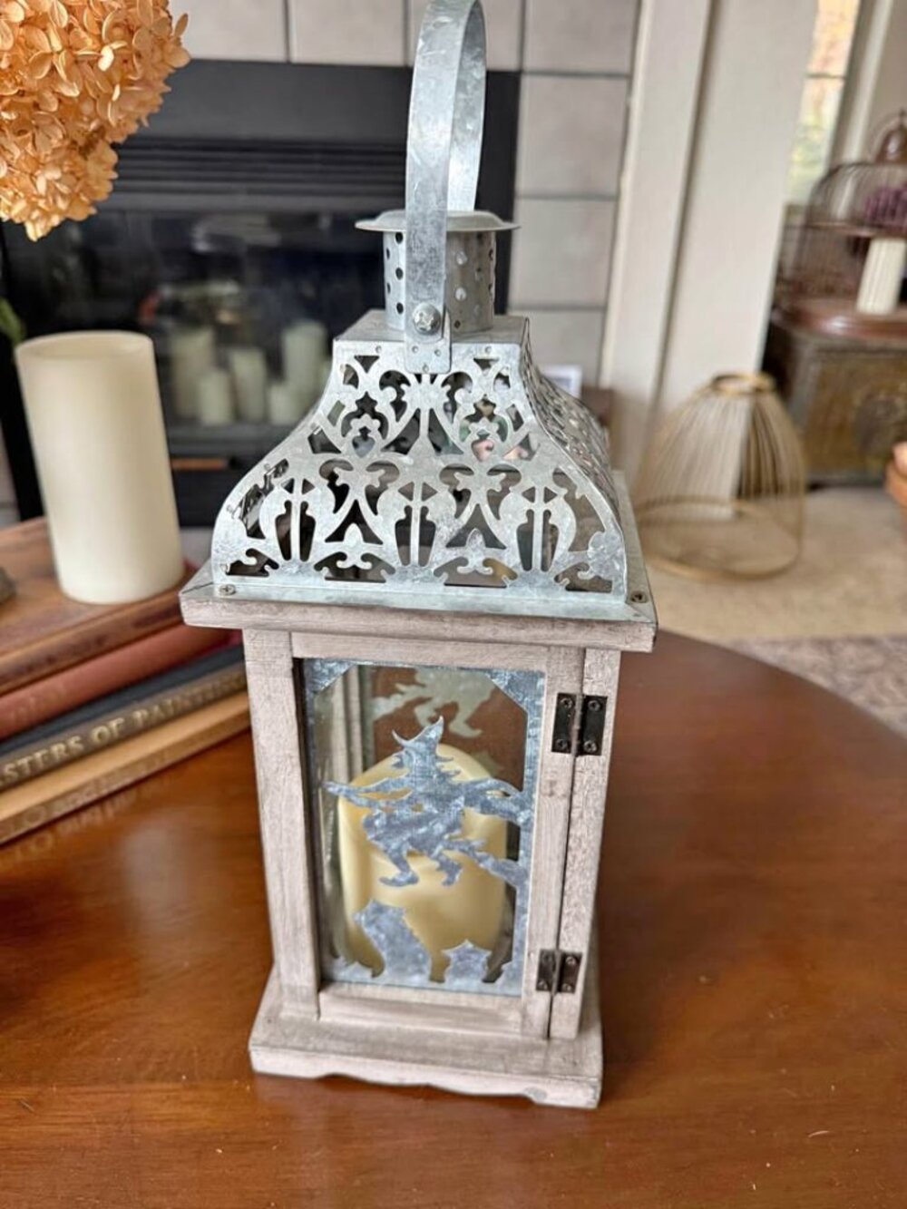🎃Halloween Metal & Whitewashed Wood Witch Lantern with Battery Operated Candle